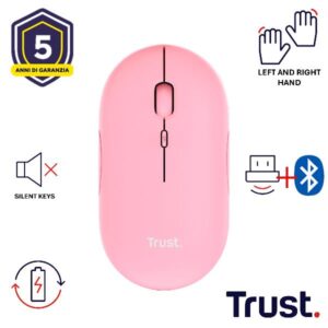 MOUSE WIRELESS RICARICABILE MULTICONNECT BT + WL 2,4GHZ ULTRASOTTILE SILENT - 1600DPI - TRUST PUCK - ROSA